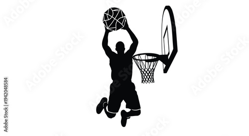 Vector silhouette of basketball player dunking ball