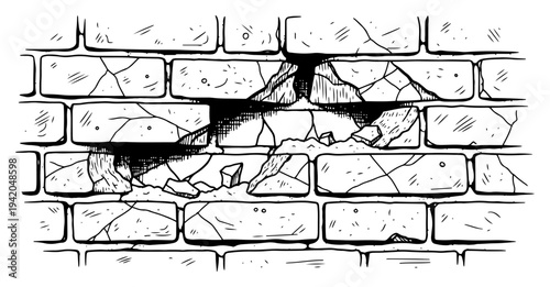 Broken brick wall with crumbling masonry and a hole in a vintage woodcut style
