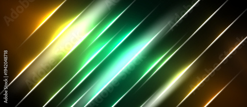 Abstract diagonal lines, vibrant colors blend. Bright light streaks create dynamic visual effect. Dark background emphasizes luminosity.