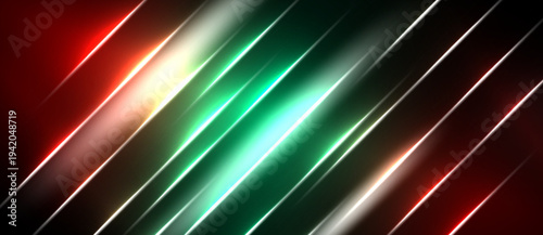 Abstract design features diagonal lines, vibrant colors. Red, green, white hues create dynamic visual effect. Bright streaks dominate composition.