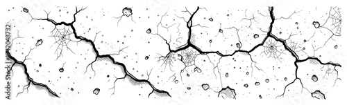 Horizontal cracked surface texture with spider webs in a vintage engraving style