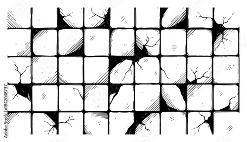 Old cracked stone tiles pavement texture in a detailed hand drawn engraving style
