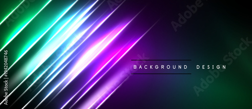 Abstract neon lines create vibrant gradient. Dark background emphasizes bright illumination, modern aesthetic. Minimal text present.