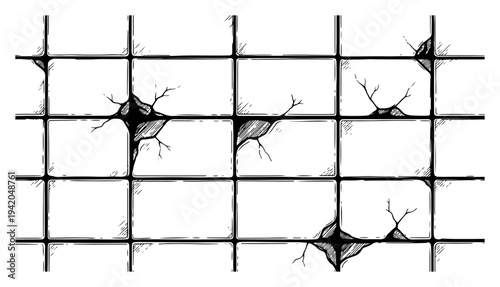 Geometric grid pattern with damaged and broken sections in a vintage woodcut style