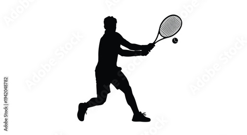 Black silhouette of a man playing tennis with racket vector