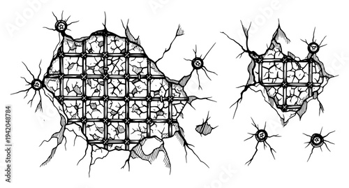 Broken wall revealing metal grid structure inside in a hand drawn engraving style