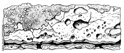 Detailed cross section of crumbling wall or soil texture in a woodcut style