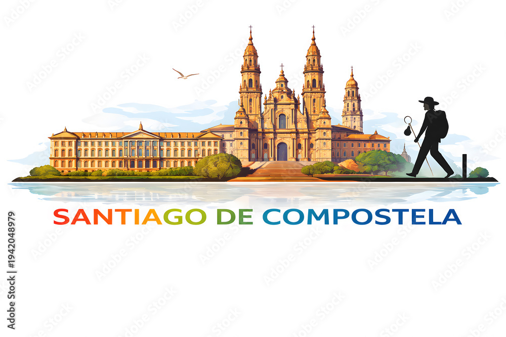 Obraz premium Santiago de Compostela - skyline silhouette. Colorful design, Spain. 