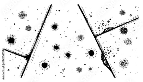 Detailed perspective view of cracked concrete tiles with stippled texture in vintage ink style