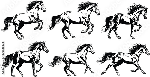 Set of running horse silhouette vector illustrations with cad drawing flat vector illustration, featuring galloping stallion poses and isolated icons.
