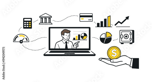 Modern flat vector business finance concept with analyst in a browser dashboard, laptop centered, hand presenting a golden coin