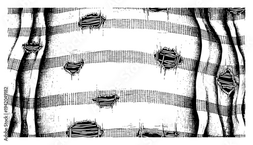 Striped cloth texture with multiple ragged holes and tears in a woodcut style