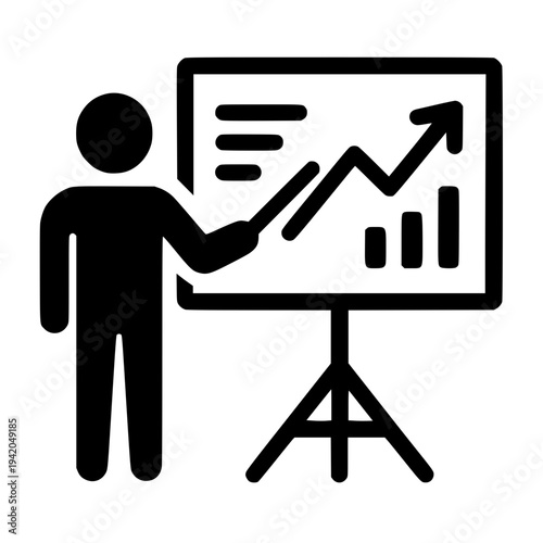 Businessman presenting graph chart on board, explaining data analysis, growth and statistics in meeting