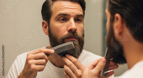 Handsome man combing his beard in the mirror