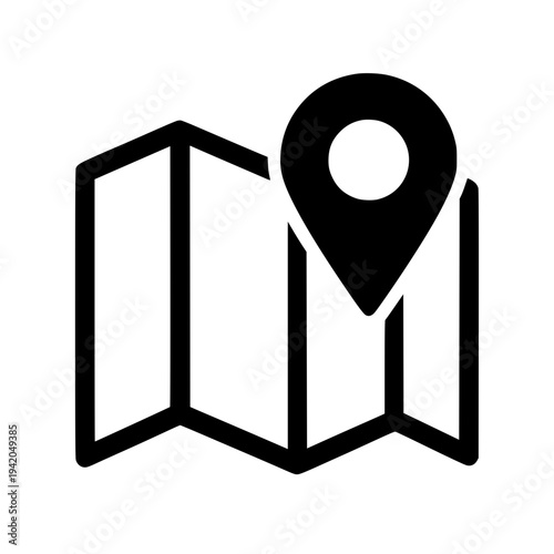Map pin on folded map, navigation symbol, location icon, black