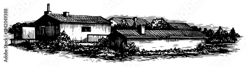 Panoramic rural landscape sketch with village houses and farm buildings