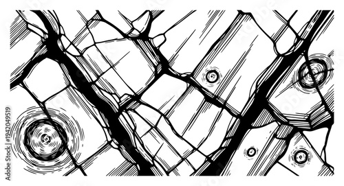 Deeply cracked dry earth texture with fissures in engraving style