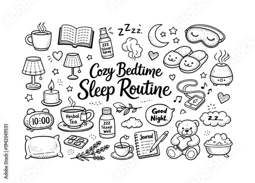 Cozy bedtime sleep routine, hand drawn doodle elements set, center hand-lettered title, black & white vector line art, bold clean