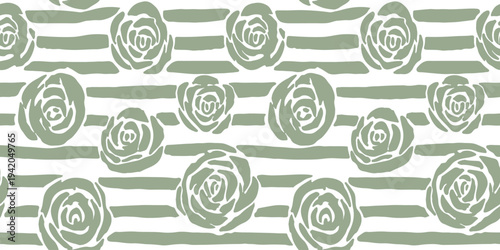 Sage Green Hand-Drawn Floral and Striped Seamless Vector Pattern
