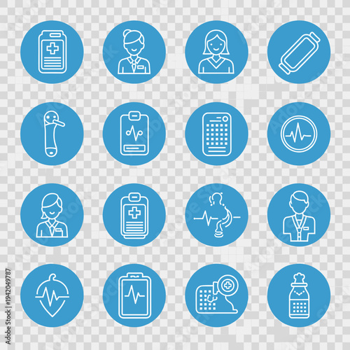 A collection of medical and healthcare-related icons presented in a grid on a transparent background.