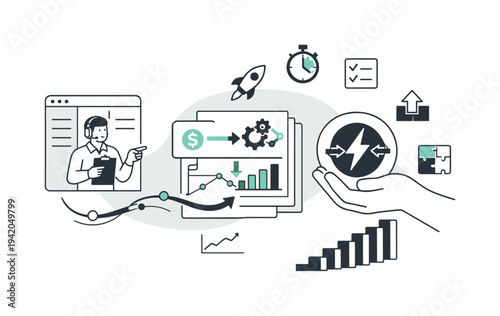 Finance Integration Collage. Modern minimal flat vector conceptual collage, crisp hard edges, consistent THIN outline stroke,