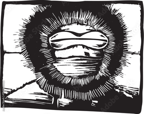 Woodcut style image of an Inuit person wearing snow goggles.