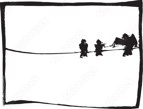 Woodcut style image of birds sitting on a wire