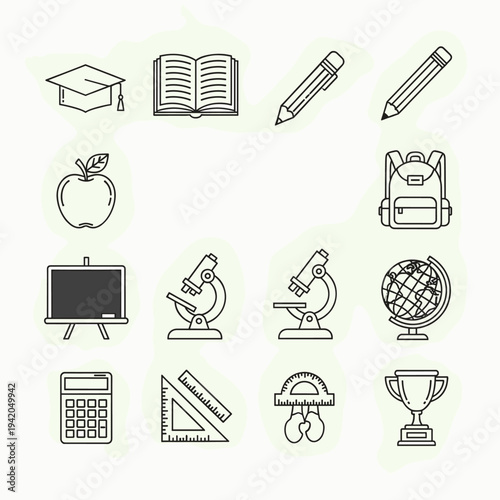 A collection of black and white line art icons representing various school supplies, educational tools, and academic symbols.