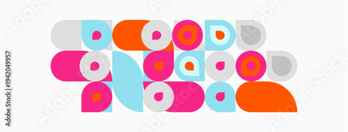 Colorful overlapping circles, rectangles create abstract pattern. Bright hues dominate composition, offering playful visual experience.