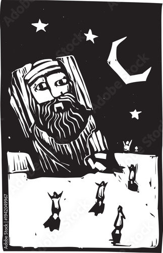 Woodcut style of a ruined statue of a great kings in the desert