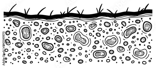 Cross section of soil layers with stones and grass in hand drawn style