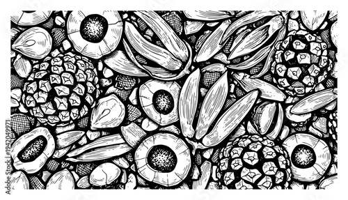 Dense background texture of mixed seeds nuts and pods