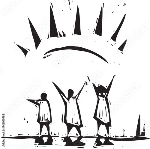 Woodcut style image of people expressing joy as rays from their singing