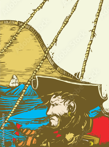 Woodcut style image of Blackbeard the pirate at sea