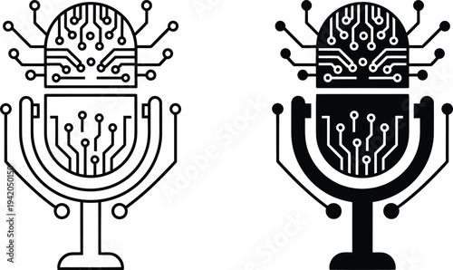 Set of minimalist black and white AI circuit silhouette icons of a retro microphone with digital circuitry patterns for AI voice recognition, podcasting and smart audio technology AI Generative
