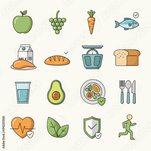 A collection of colorful icons representing healthy food, nutrition, exercise, and a balanced lifestyle.