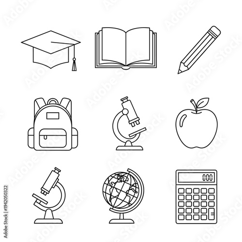 Line art icons representing various educational and school-related items and tools.