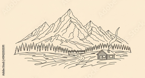Minimalist Mountain Landscape Sketch with Lake and Cabin.
