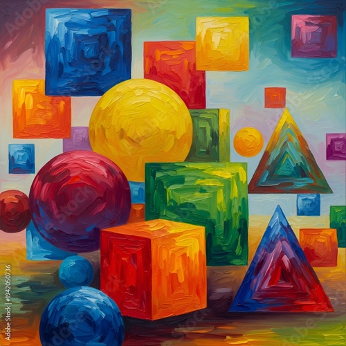 Colorful Abstract Geometric Oil Painting with Layered Shapes and Impasto Texture