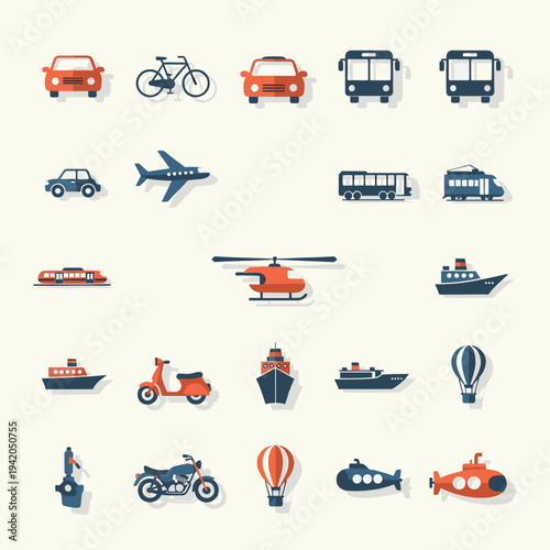 A collection of flat design icons depicting various modes of transportation including cars, buses, planes, ships, and submarines.