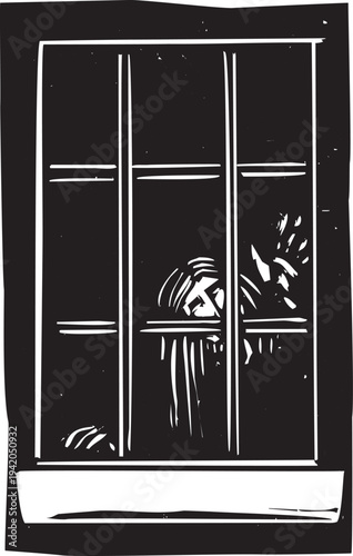 Woodcut style image of a woman or ghost staring in a window