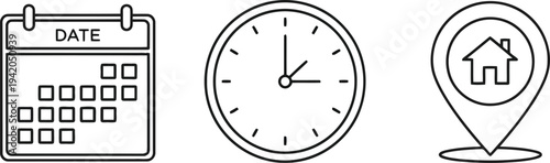 A calendar clock and map pin with a house on it