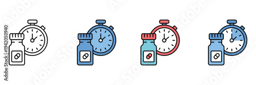 Medication Time multiple style icon pack including pill, capsule, medicine bottle, clock, and reminder symbols, healthcare, pharmaceutical, and daily dosage management concept