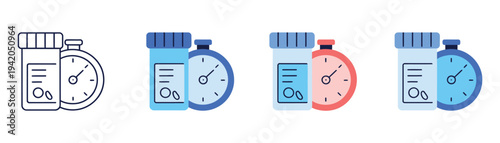 Medication Time icon set multiple style collection featuring pill bottles, tablets, capsules, alarm clocks, and dosage reminders, healthcare and wellness concept