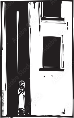 Woodcut style image of a homeless girl in an alleyway