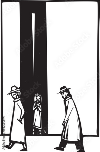 Woodcut style image of a homeless girl in an alleyway