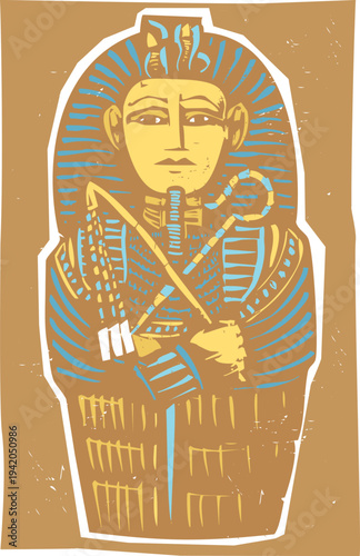 Woodcut style image of an Egyptian Pharaoh's sarcophagus 