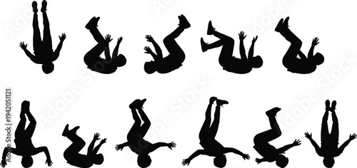 Human falling silhouette sequence showing accident slip and fall motion stages person losing balance vector illustration isolated on white background