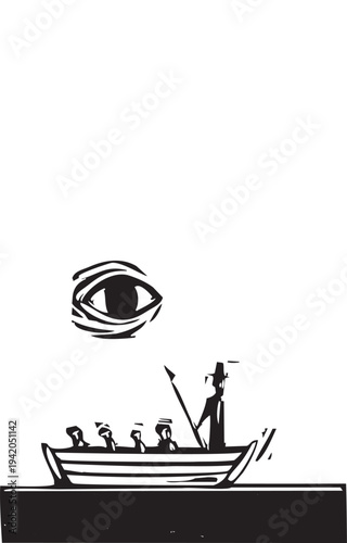 Woodcut style white whale watching a whaling boat