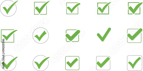 A collection of green checkmarks in various boxes and circles